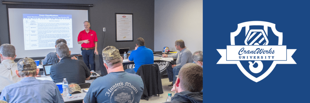 CraneWerks University Training in session with blue sidebar displaying the logo in white complete with shield, ribbon, and hoist