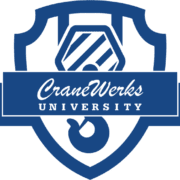 Blue CraneWerks University logo with hoist, ribbon, and shield
