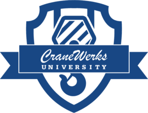 Blue CraneWerks University logo with hoist, ribbon, and shield