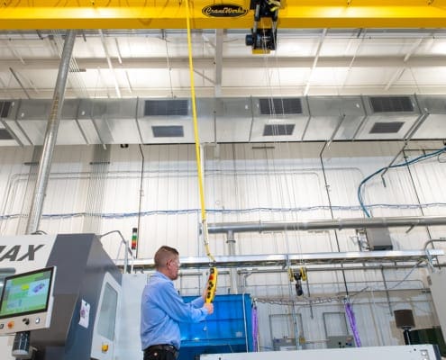 Crane Operator Lifting the Top-Running, Single Girder Overhead Bridge Crane by CraneWerks, Inc. at Kimura America in Shelbyville, IN