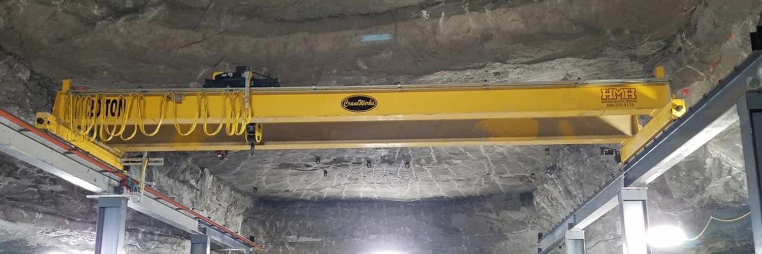 A top-running, double girder overhead bridge crane installed in an underground U.S. Gypsum Company Shoals Mine in Indiana