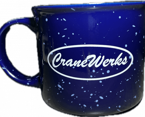 13 oz. blue speckled ceramic camper mug from CraneWerks