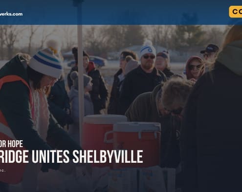 "The Bridge Unites Shelbyville: Walking for Hope" graphic over an image of Ashley Larochelle, Nicole Hornaday, Susan Allen, and other walkers are lining up for hot chocolate on the walking path at Shelbyville's first ever Coldest Night of the Year in 2025.