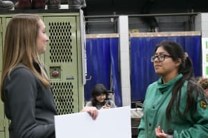 Ashley Larochelle and Alejandra Cayetano discussing studying structural engineering in Lafayette, Indiana at Purdue University