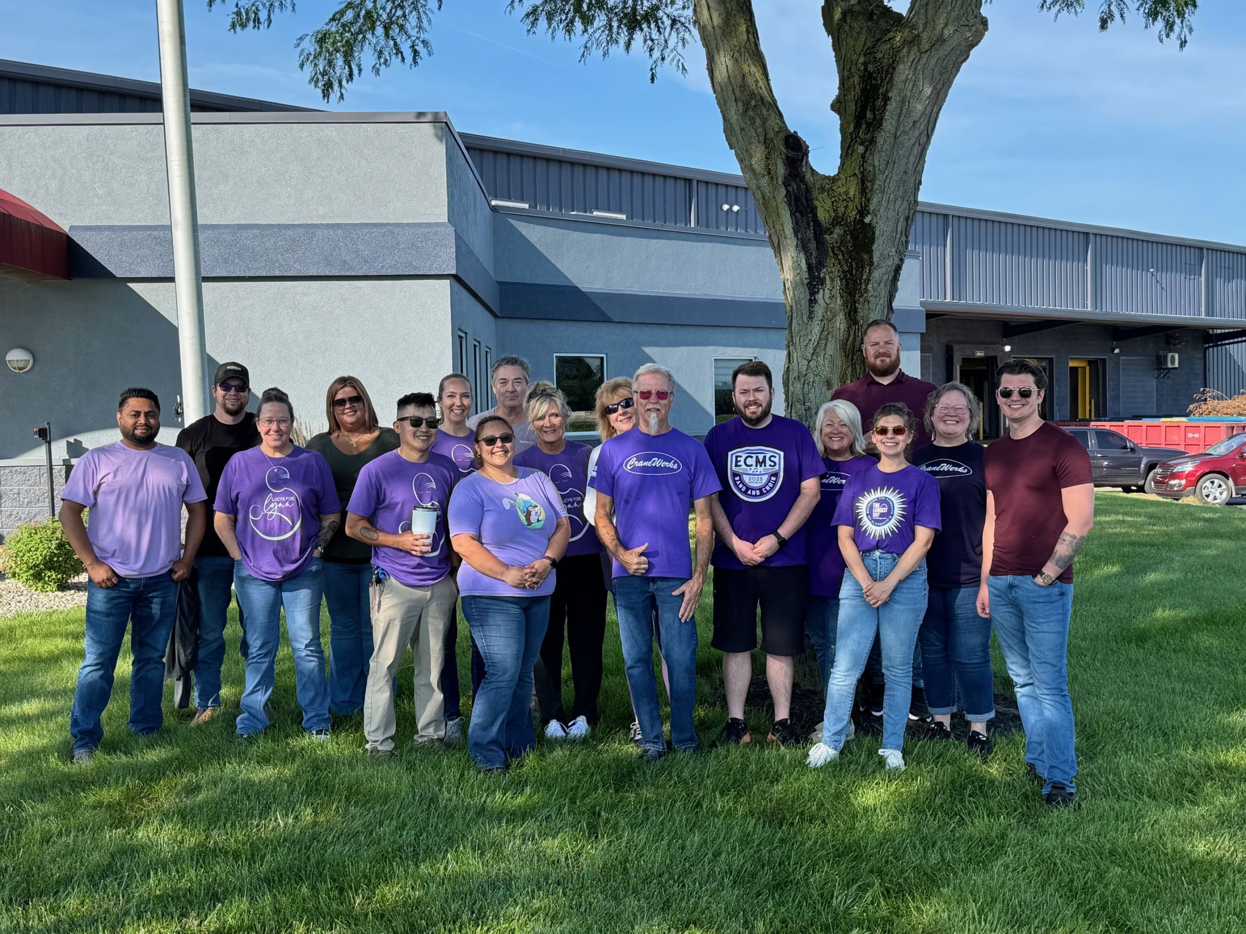 Lucky Singh, Darren Atkinson, Misty Sprague, Kaileigh Moore, Jon Thomas, Ashley Larochelle, Bernadette Thomas, Jeff Pummill, Mary Apple, Charline Thomas, Mark Thomas, Joey Shepherd, Shelly Uhlmansiek, Matt Riddle, Jordan Smith, Susan Allen, and Conner Davis of CraneWerks in Morristown, IN supporting The Longest Day of the Year with Lucys for Lynn in honor of Lynn Thomas for Alzheimer's awareness.