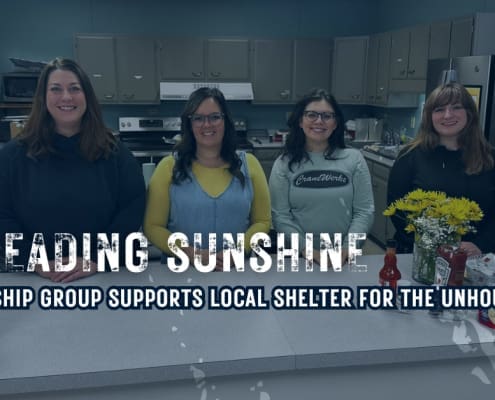 Abby Arbuckle, Brooke Batton, Jordan Smith, and Emily Larrison of Spreading Sunshine at The Bridge in Shelbyville, Indiana hosting Stacks of Sunshine in support of the Sunshine House